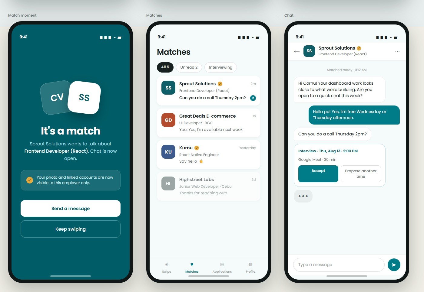 FlipJob match moment, matches list, and in-app chat