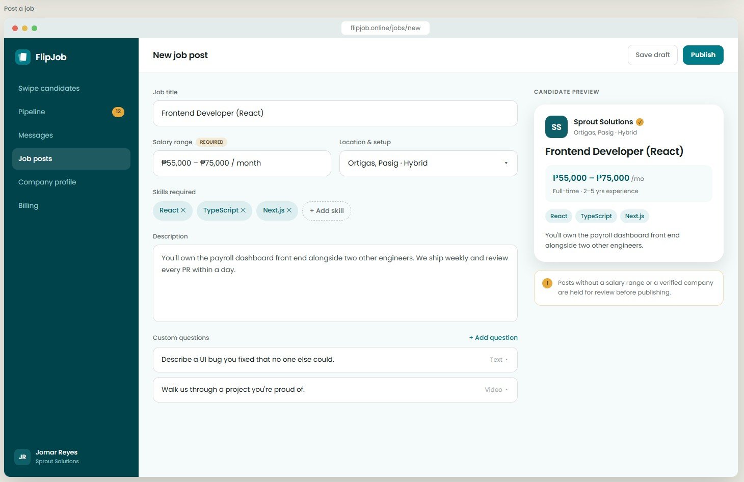 FlipJob new job post form with candidate preview