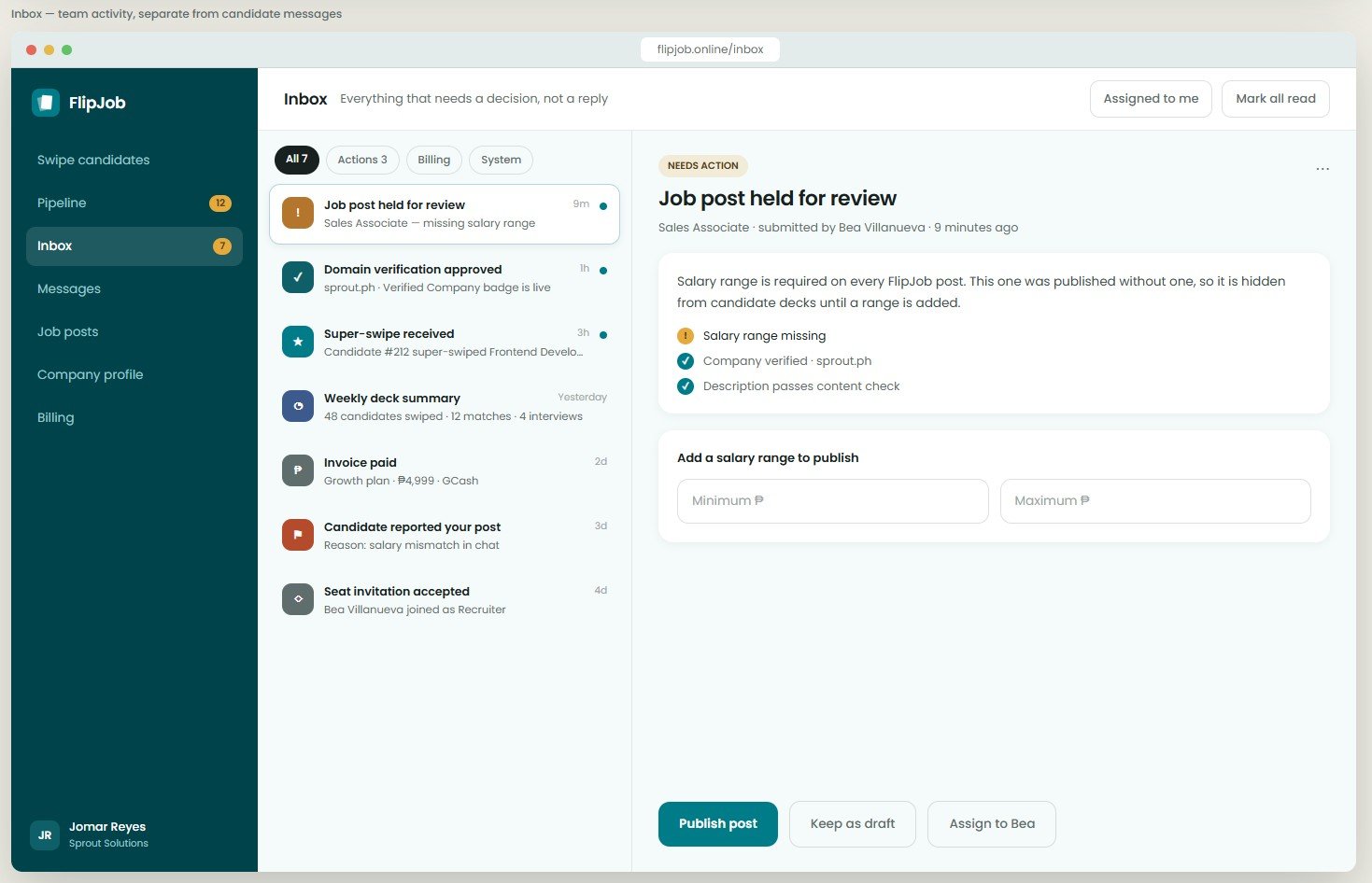 FlipJob team inbox for job posts and account activity